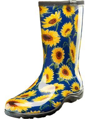 Women's Blue and Yellow Waterproof Garden Rain Boots Rubber Cute Midcalf Boots